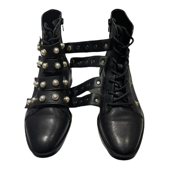 Zara Trafaluc Pearl Strap Lace Up Faux Leather Combat Ankle Boots Black … - Picture 13 of 14